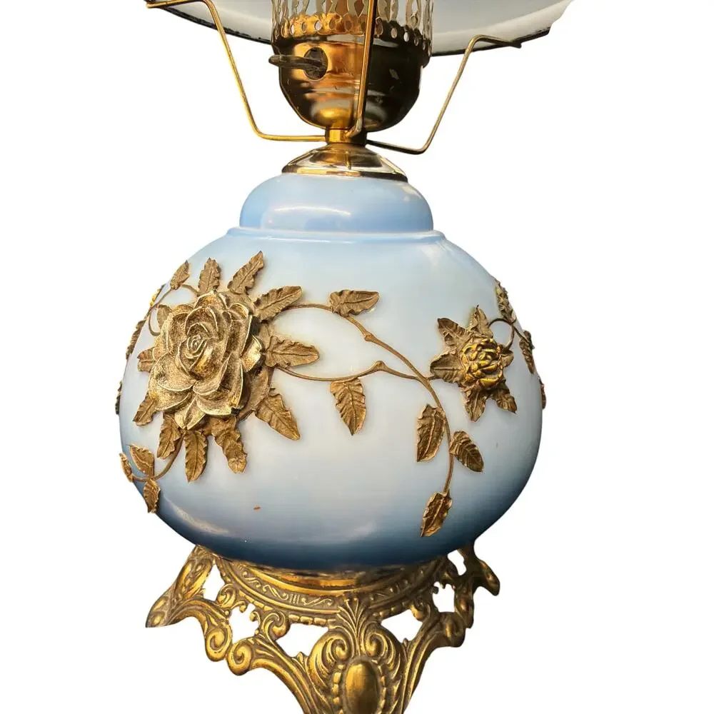 Vintage Falkenstein Style Industries Blue Opaline Hurricane Lamp Floral Dual